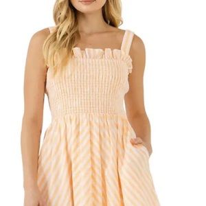 English Factory Smocked MIDI Orange and White Stripe Dress